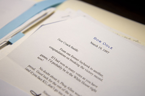 A note of congratulations to University of North Carolina-Chapel Hill’s basketball coach Dean Smith, after winning career game number 877, from “fellow former Jayhawk” Senator Bob Dole.