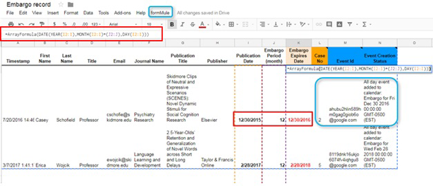 Figure 3: ArrayFormula calculates the embargo expiration date and Google Sheets add-on formMule then simultaneously triggers a Google Calendar event.