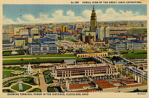 Postcard circa 1937 showing an aerial view of the Great Lakes Exposition at Cleveland. In the distance is Terminal Tower and the main Cleveland business district.