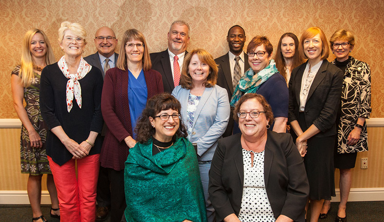 ACRL Board 2017–18 (l to r): (back) Kim Leeder Reed, John A. Lehner, John P. Culshaw, LeRoy Jason LaFleur, Lori J. Ostapowicz-Critz, Mary Ellen K. Davis (middle) Kelly Gordon Jacobsma, Jeanne R. Davidson, Beth McNeil, Caroline Fuchs, Emily Daly (front) Irene M. H. Herold, Cheryl A. Middleton (not pictured) Lauren Pressley.  