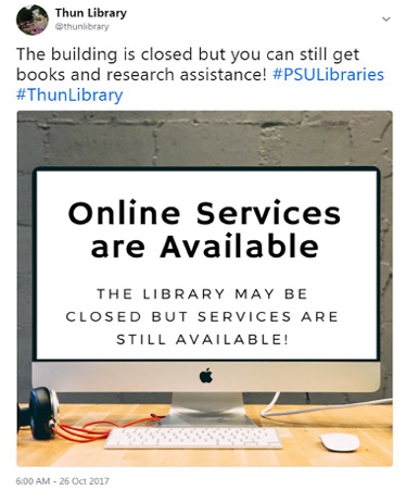 Tweet from @ThunLibrary account promoting Penn State University Libraries online research services.