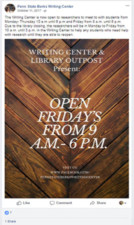 Facebook post from Penn State- Berks Writing Center account about librarian-WC partnership.