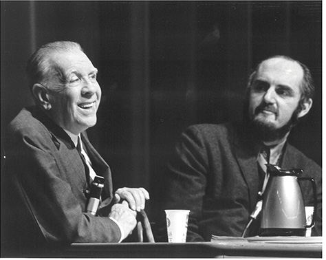 Jorge Luis Borges and Donald Yates at a lecture in MSU’s Fairchild Theatre in 1972. (Photo credit: MSU University Relations)