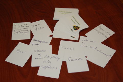 The staff was prompted to create these answer cards during the previous game. Photo by Adam Alley.