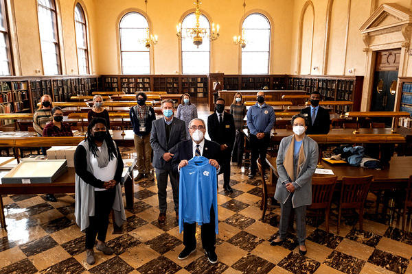 U.S. Representative G.K. Butterfield visits Louis Round Wilson Library to examine some of his donated collection and meet with University and Library representatives. January 3, 2022. (Jon Gardiner/UNC-Chapel Hill)