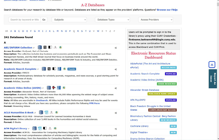 Figure 1: A-Z Database List highlighting the Electronic Resources Status Dashboard widget.