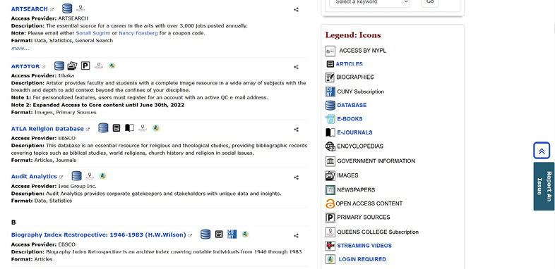 Figure 3: A-Z Database List highlighting the Legend widget.