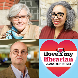 I Love My Librarian Award recipients Kathryn Blackmer Reyes, Tara Coleman, and David Ettinger