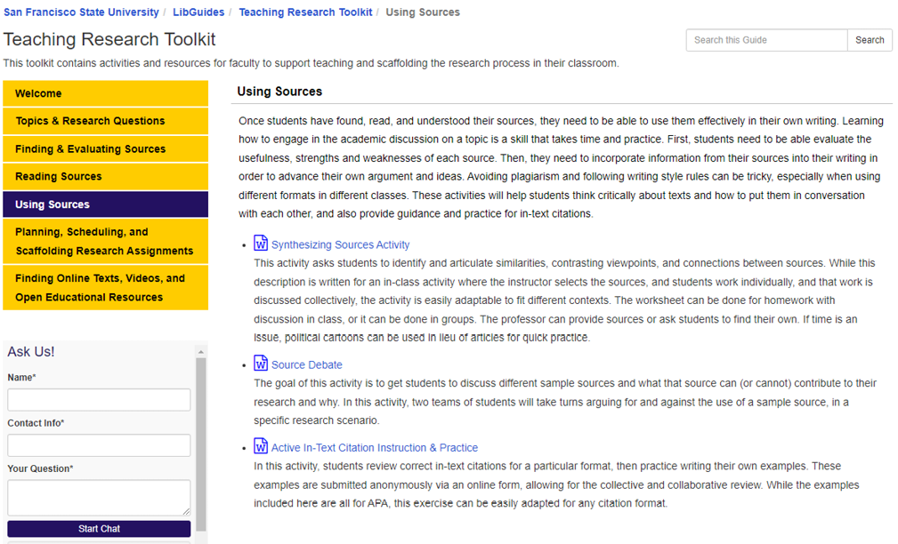 Screenshot of the Teaching Research Toolkit Using Sources page.
