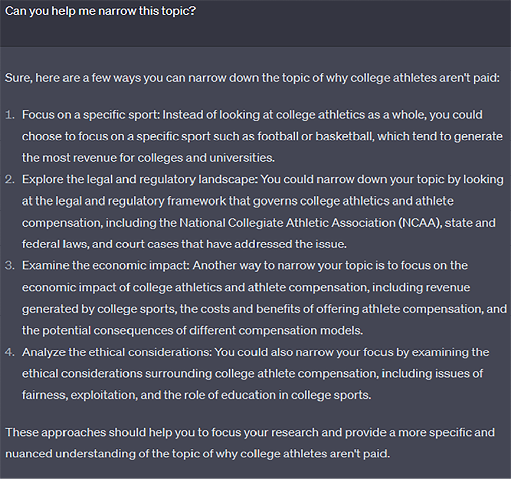 Figure 4. Screenshot from https://chat.openai.com/chat: Narrowing the topic.