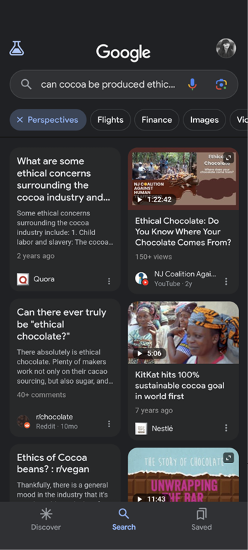 Figure 2. Google SGE search using the Perspectives filter for the search, “can cocoa be produced ethically and sustainable?”
