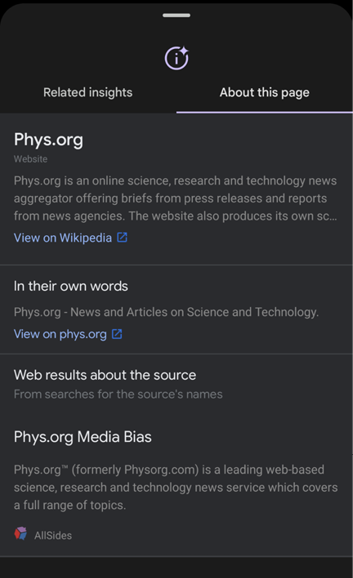 Figure 3. Google SGE “About this page” for Phys.org.
