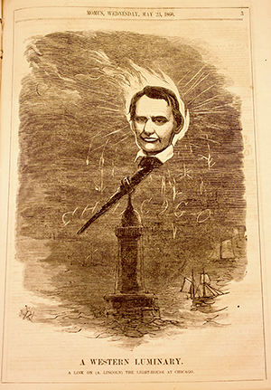 Political cartoon: A Western Luminary. A Link on (A. Lincoln) the Lightouse at Chicago. MOMUS, Wednesday, May 23, 1860.