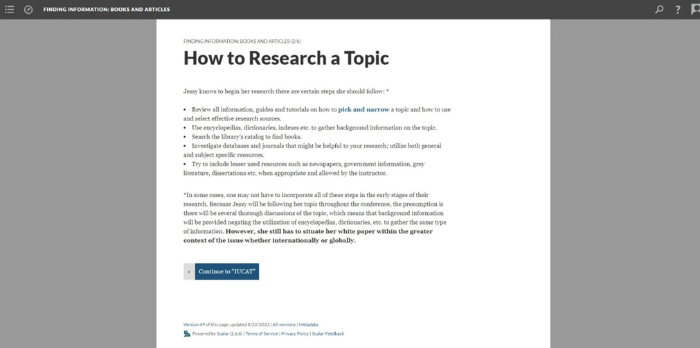 Screenshot of the How to Research a Topic Page from Finding Information: Books and Articles Learning module.