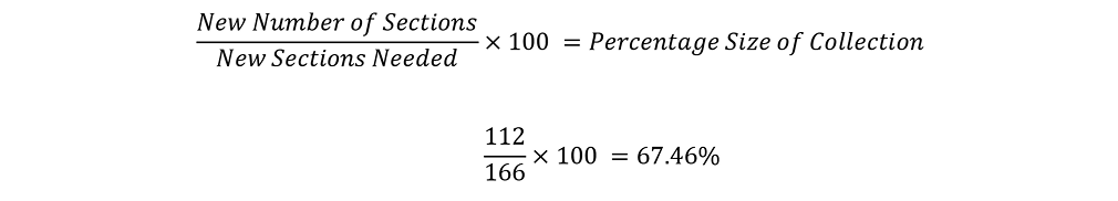 Formula: New Number of Sections / New Sections Needed x 100 = Percentage Size of Collection. 112/166 x 100 = 67.46%