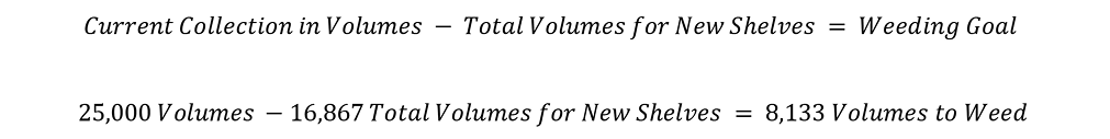 Formula: Current Collection in Volumes - Total Volumes for New Shelves = Weeding Goal. 25,000 Volumes - 16,867 Total Volumes for New Shelves = 8,133 Volumes to Weed