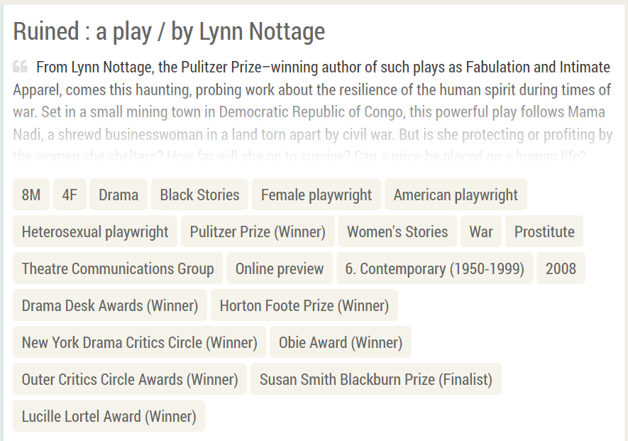 UCI Drama Library page 'Ruined : a play / by Lynn Nottage'