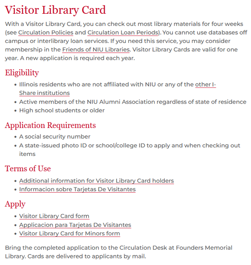 After screenshot of the Visitor Library Card page