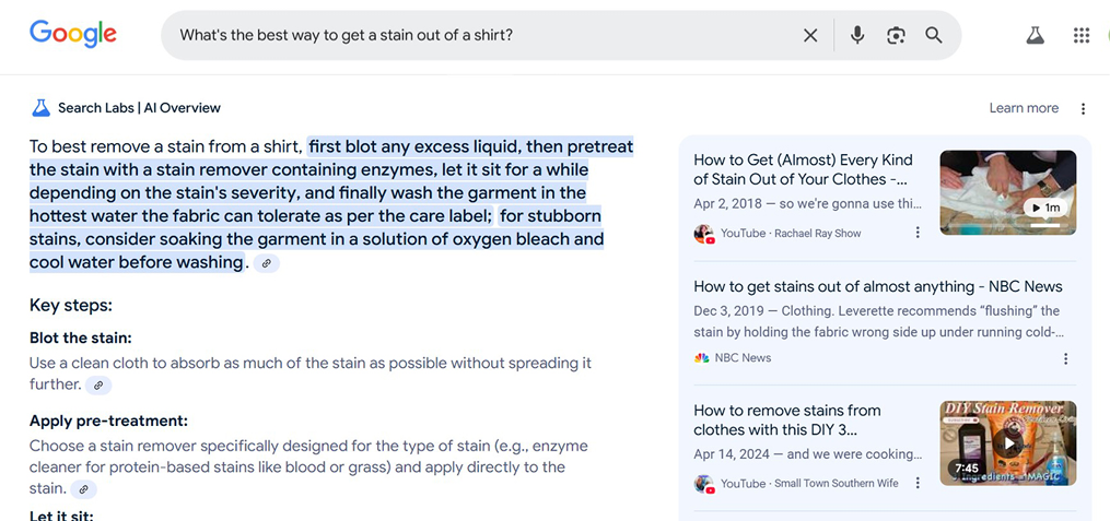 Figure 1. A Google search for “What’s the best way to get a stain out of a shirt?” conducted on February 13, 2025.
