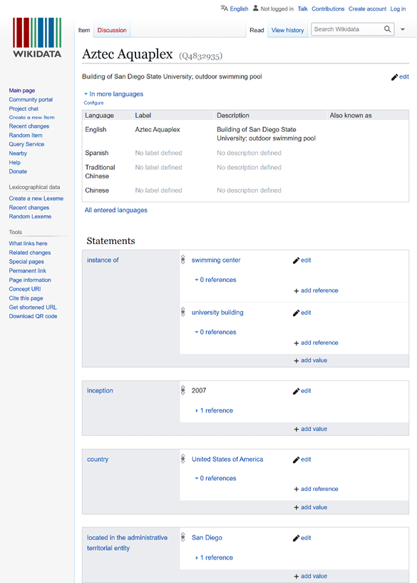 Figure 2. Screenshot of the Wikidata information of the Aztec Aquaplex, Wikidata ID Q4832935, accessed on December 13, 2024