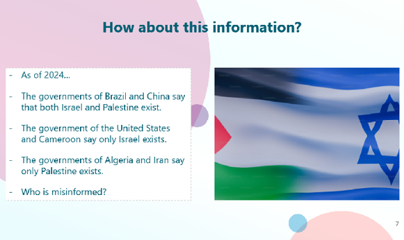 Figure 2: PowerPoint slide showing the intersubjective nature of information, using as an example a social issue students care about.