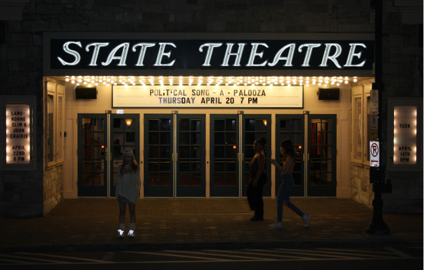 State Theatre marquee advertising 2023 Political Song-a-Palooza, image courtesy
of Andrew Dudash.