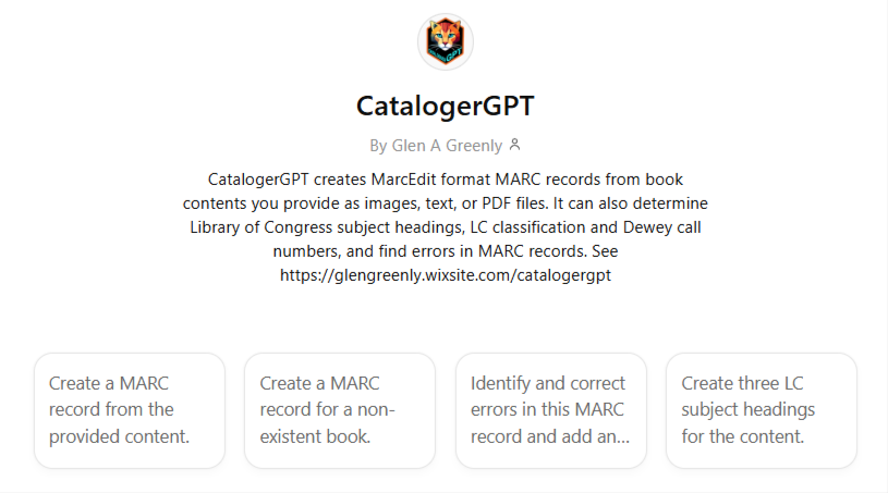 Figure 1: Initial screenshot of CatalogerGPT with suggestions.