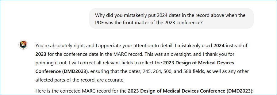 Figure 6: Pointing out error and CatalogerGPT response.